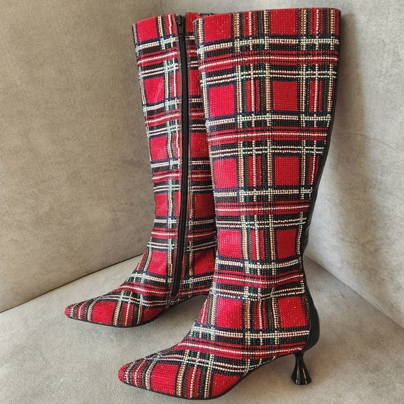Alex Marie dress boots 7 red plaid OzaraTwo knee high kitten pointy new $190 - Picture 11 of 17